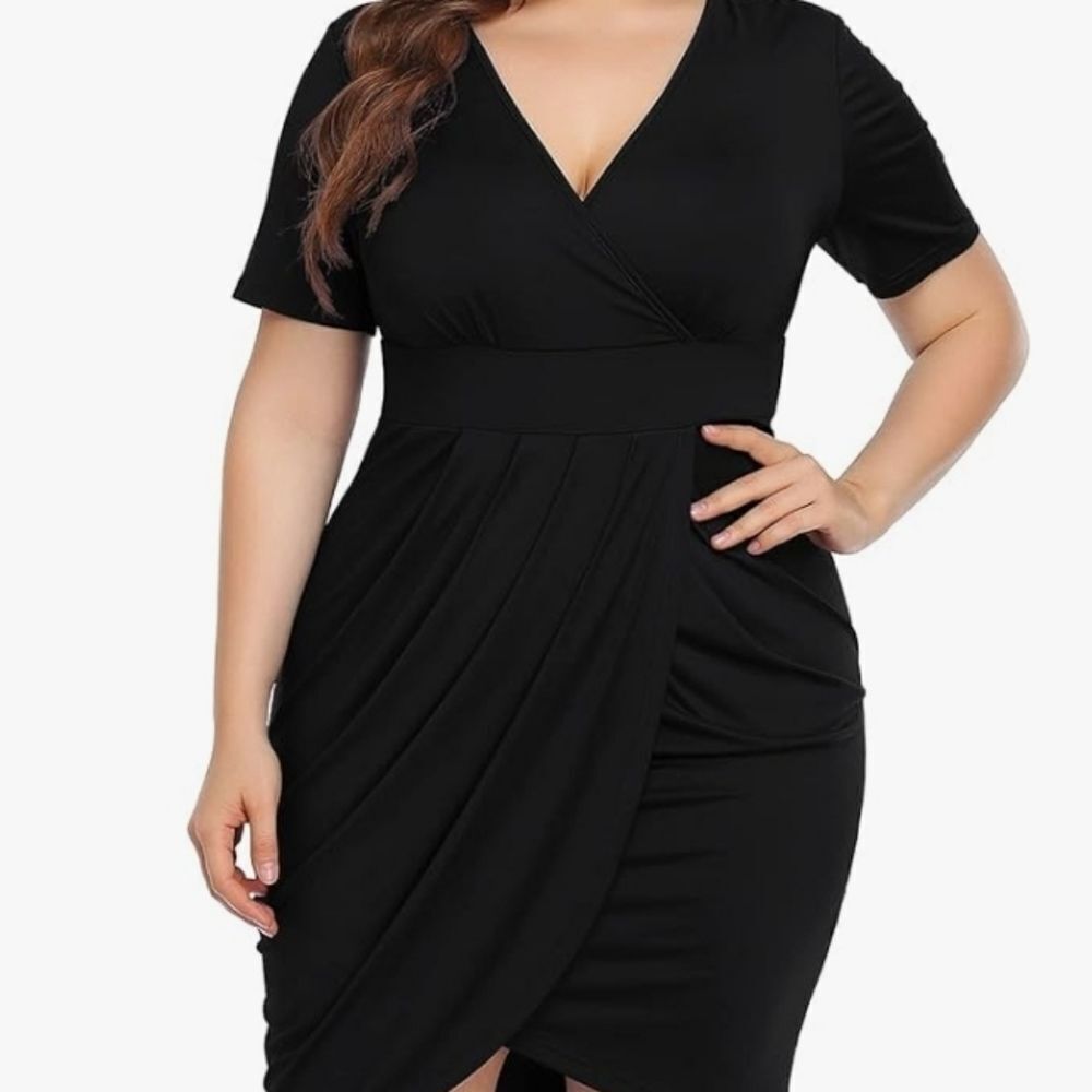 POSESHE Womens Short Sleeve Deep V Neck Bodycon Wrap Dress with Front slit XL
